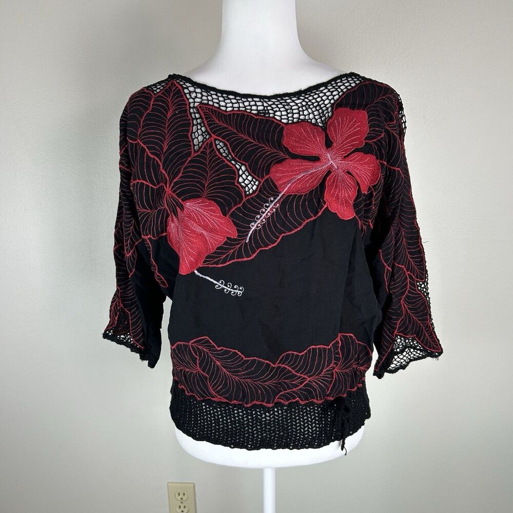 Black S Crochet Floral Top Mesh Island Hawaii Vacation Resort Cover Up Balinese